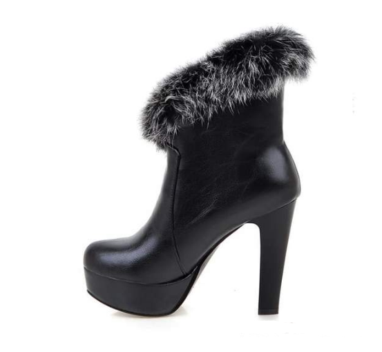 Faux Fur White Thick-Heeled Snow Boots (Mid-Calf)