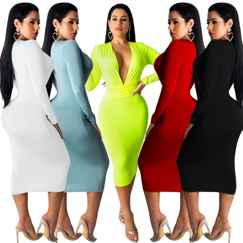 Deep V Neck Long Sleeve Hip Dress for Fashionable Look