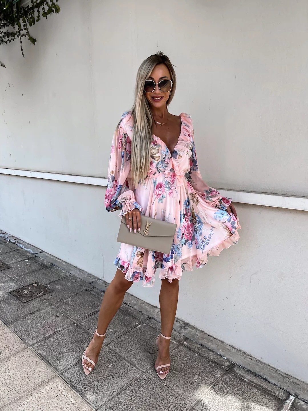 V-Neck Printed Long Sleeve Waist-Defined Dress