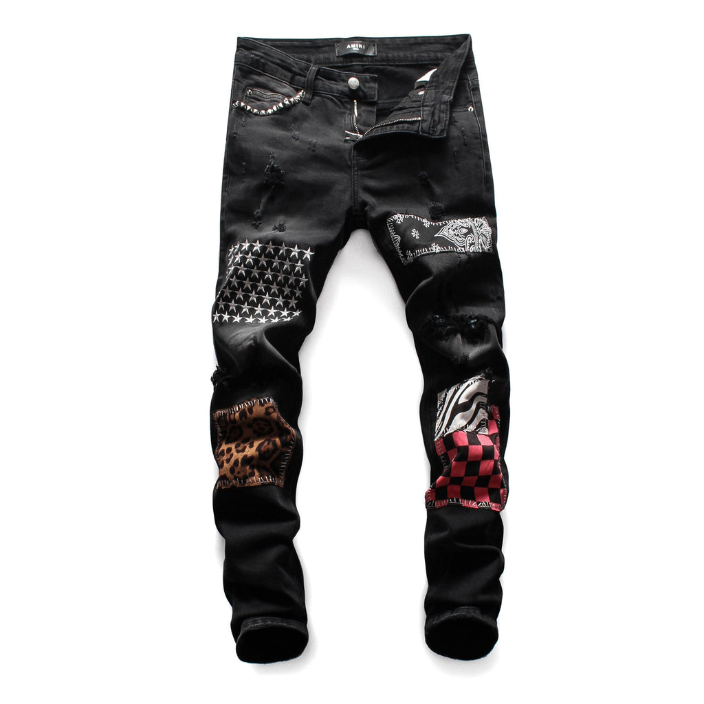 Men's Slim Fit Black Patch Jeans in Hong Kong Style