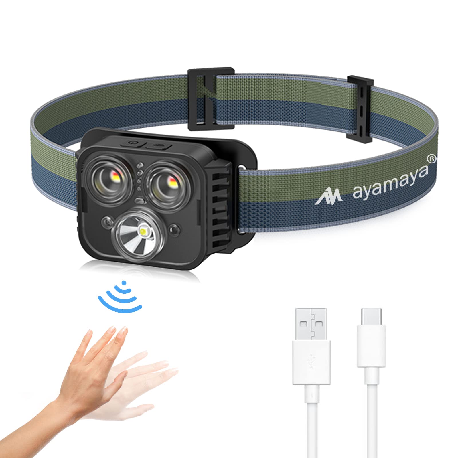 ayamaya Rechargeable Headlamp LED Head Lamps 6 Modes with Sensor -500 Lumens Super Bright IPX4 Waterproof USB Headlights with Adjustable Headband for Adults and Kids - Running Hiking & Camping