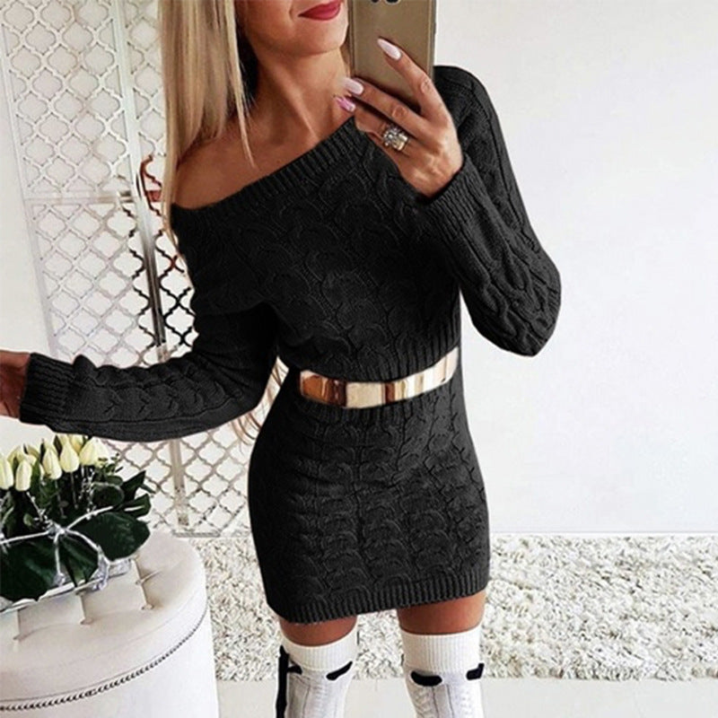 Off-Shoulder Knit Dress with Fluo Color Cable Design