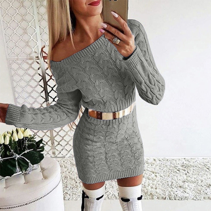Off-Shoulder Knit Dress with Fluo Color Cable Design