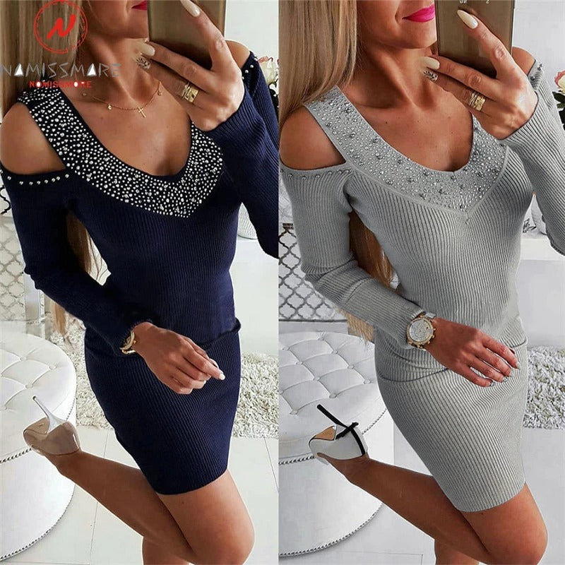 Cutout Off-Shoulder Long Sleeve Dress with V-Neck