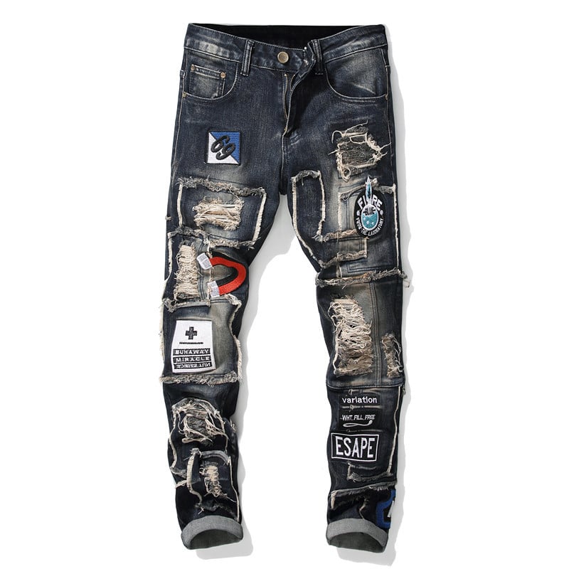 Men's Ripped Patch Stretch Jeans in European Style