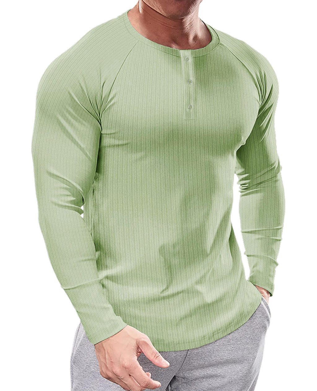 Muhshoiy Mens Slim Fit Muscle Henley Shirts Cool Dry Shirts Ribbed Tee Long Sleeve T-Shirt Gym Wicking Athletic T/Green/XL