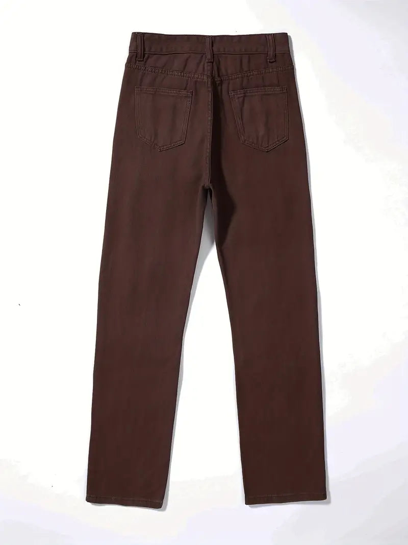 High Waist Ripped Straight Jeans with Slash Pockets