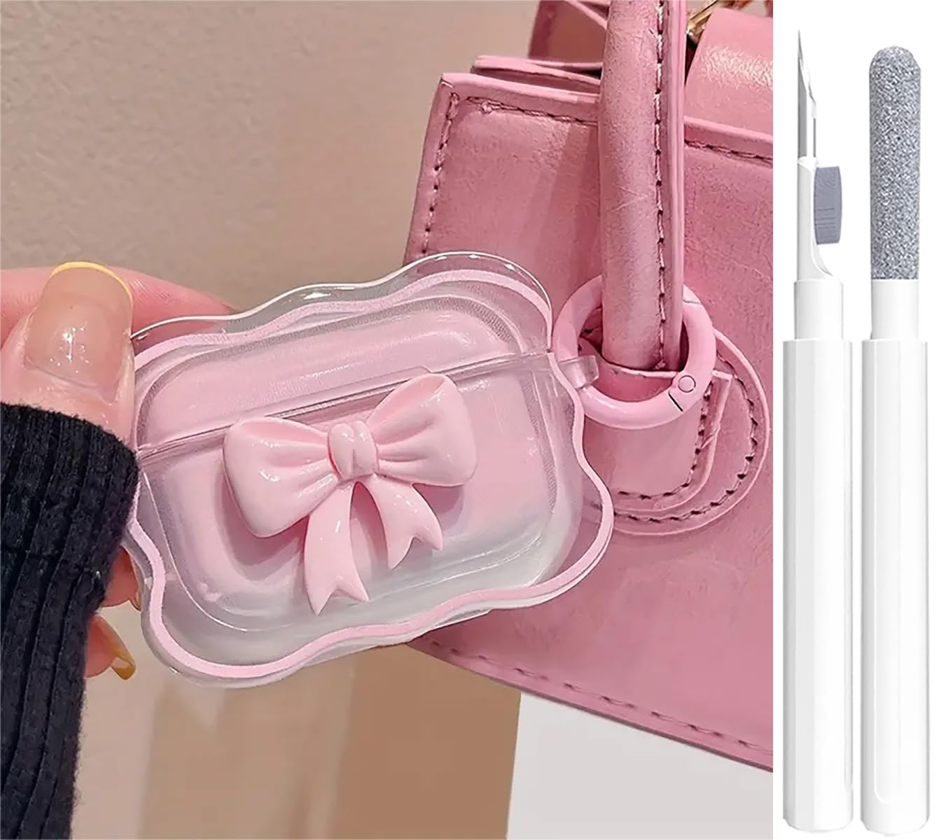 Cute AirPods Pro 2/1 Gen Clear Case Girly 3D Bow Design Soft TPU Protective Shockproof Kawaii Apple iPod Pro 2nd/1st Generation Cover with Cleaner Pen & Keychain Girls Women 2023/2022/2019 - Pink