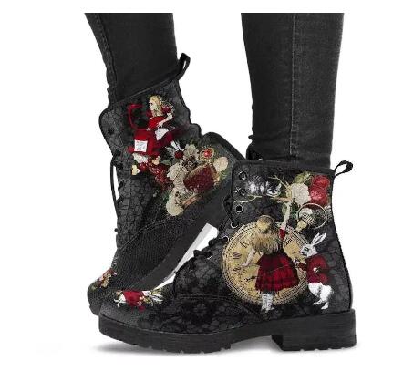Gothic Print Vegan Leather Combat Boots