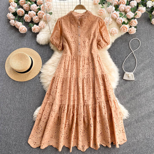 Bohemian Summer Dress with Hollow Embroidery and Puff Sleeves