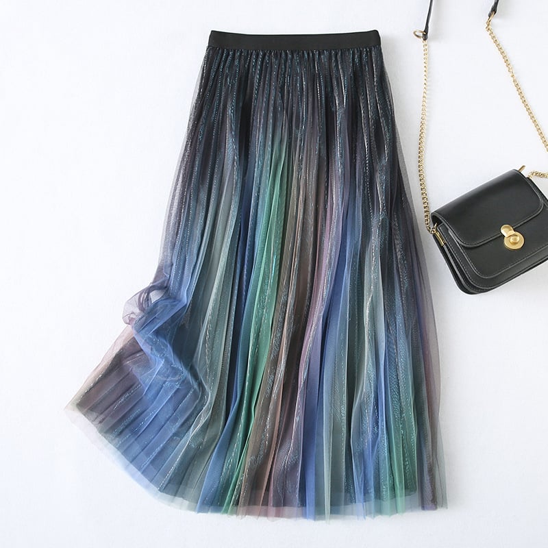 High Waist Slim A-Line Gradient Pleated Skirt