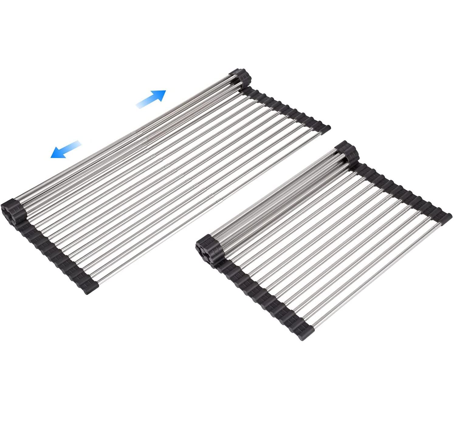 ARAINY Large Telescopic Drain Rack Roll Up Dishes Drying Rack Expandable Kitchen Sink Rack Over The Sink Dish Drying Rack SUS304 Stainless Steel Dish Rack (18 Tube 21.25x12.79)