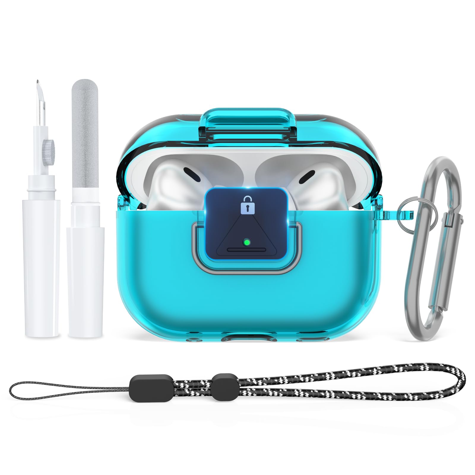 Secure Lock for AirPods Pro 2 Clear Case Shockproof Protective TPU Cover Compatible with Apple Airpods Pro 2nd/1st Generation with Keychain/Lanyard/Cleaner Kit (Clear Blue)