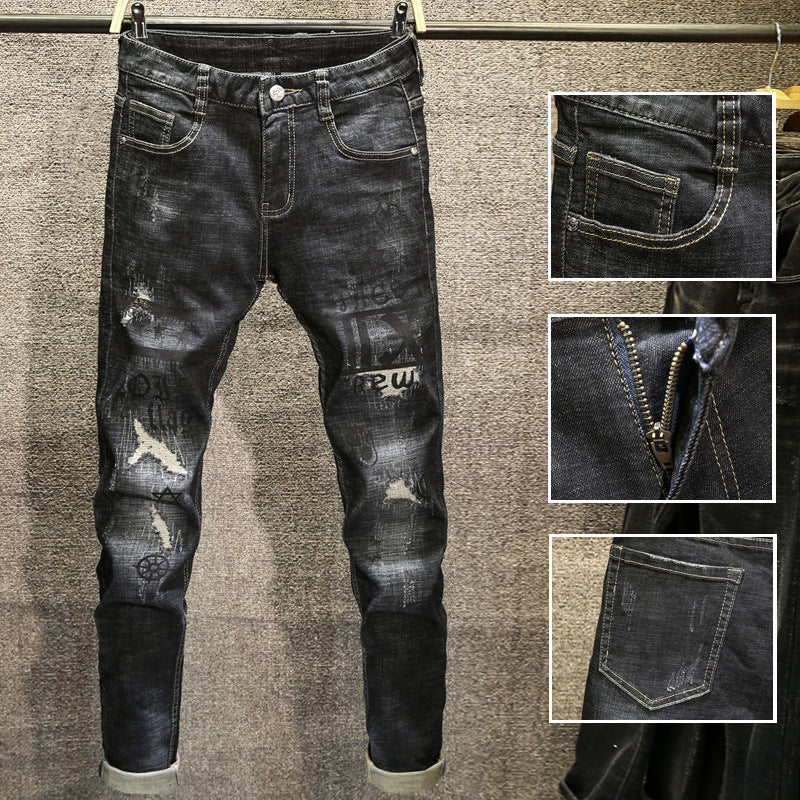 Embroidered Letter Slim Fit Jeans