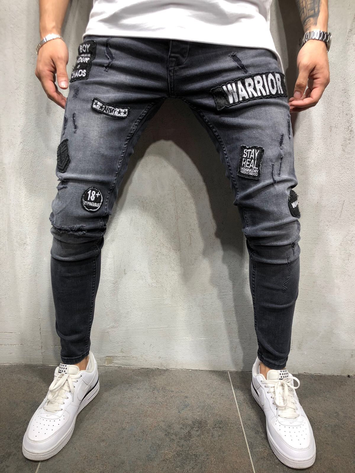 Men's Slim Fit Black Distressed Jeans with Patches
