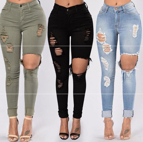 Blue Ripped High Waist Skinny Jeans with Slash Pockets