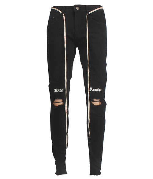 Black Distressed Embroidered Slim-Fit Jeans