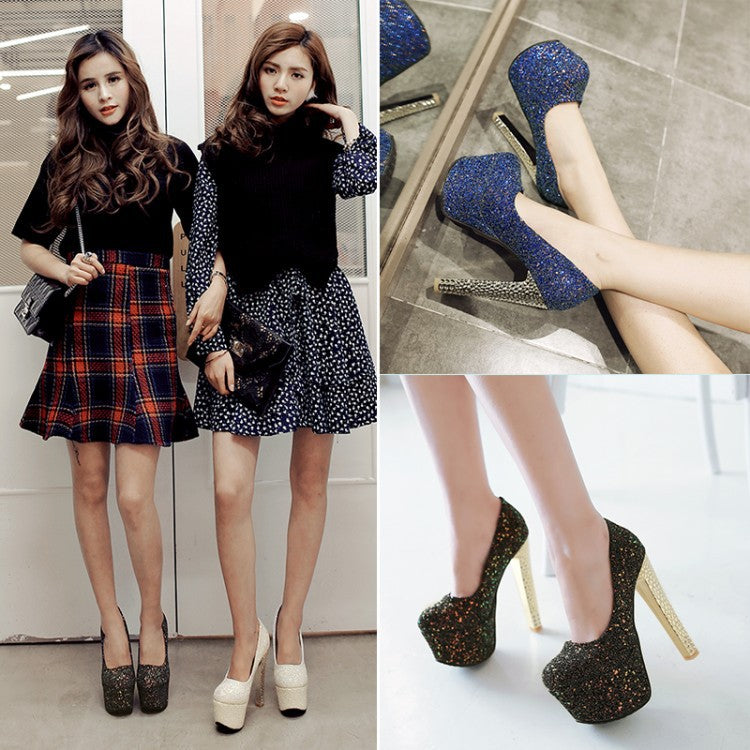 Sexy High Heels with Waterproof Platform and Sequins