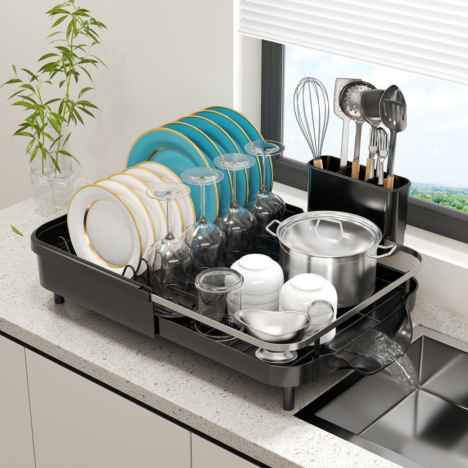 KLKE Expandable Dish Drying Rack，Dish Rack for Kitchen Counter-Dish Drainer with Efficient Drainage Drainboard Set and Utensil Holder Over The Sink Dish Drainer Drying Rack