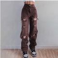 High Waist Ripped Straight Jeans with Slash Pockets