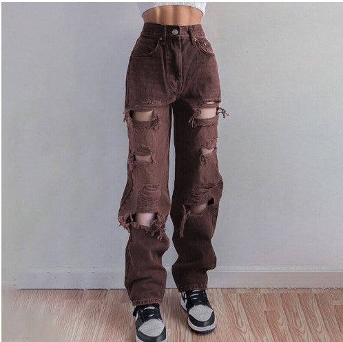High Waist Ripped Straight Jeans with Slash Pockets