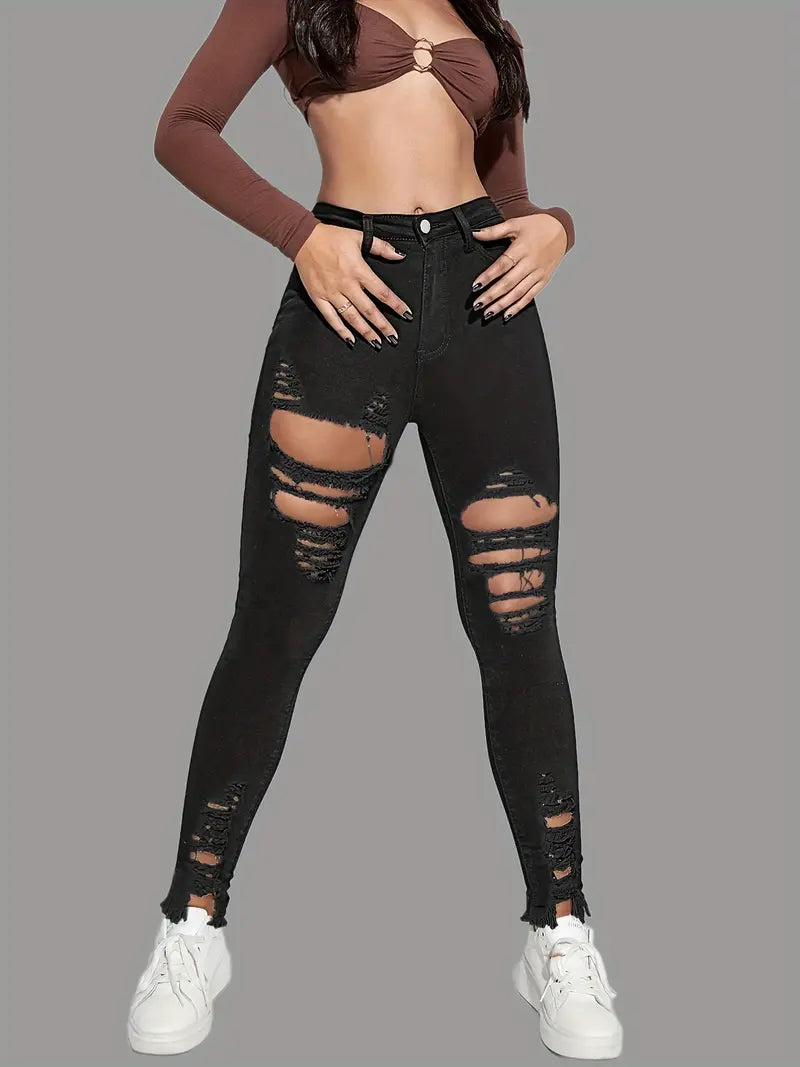 Black Ripped High Waist Skinny Jeans with Slash Pockets