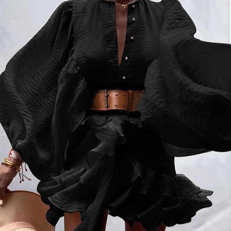 Women's Ruffled Waist Dress with Lantern Sleeves