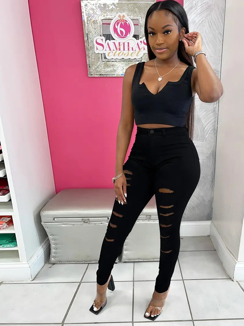 Ripped High Waist Skinny Jeans with Slash Pockets