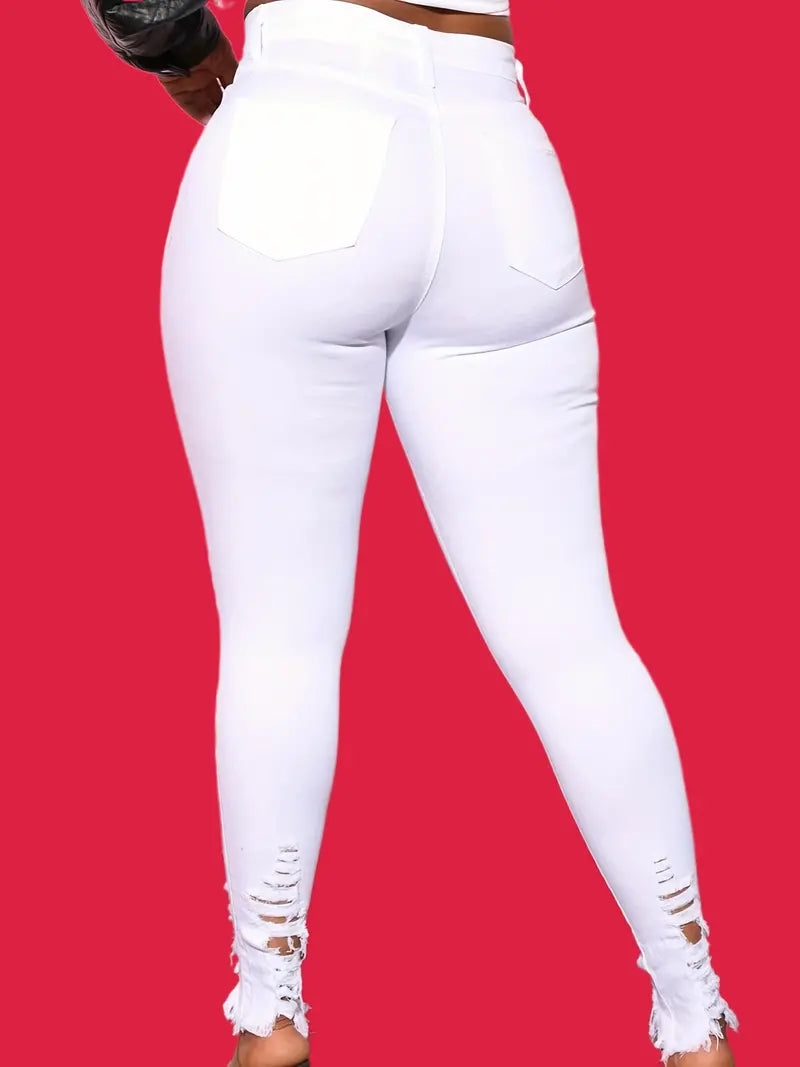 High Waisted Ripped Skinny Jeans with Raw Hem