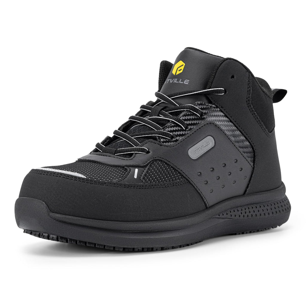 FitVille Wide Work Boots for Men Composite Toe Safety Work Shoes Slip-Resistant Work Boots Waterproof Lightweight - SteelCore (Night Black 10.5 Wide)