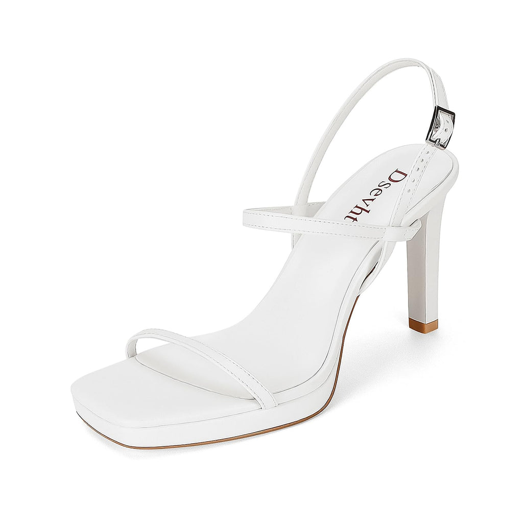 Dsevht White Heels for Women Platform Strappy Heels Sexy Stiletto Heeled Sandals Square Open Toe Metallic High Heels Dress Wedding Shoes