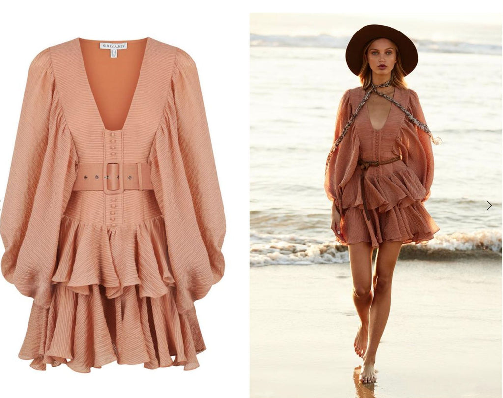 Layered Ruffled V-Neck Dress with Fake Lantern Sleeves