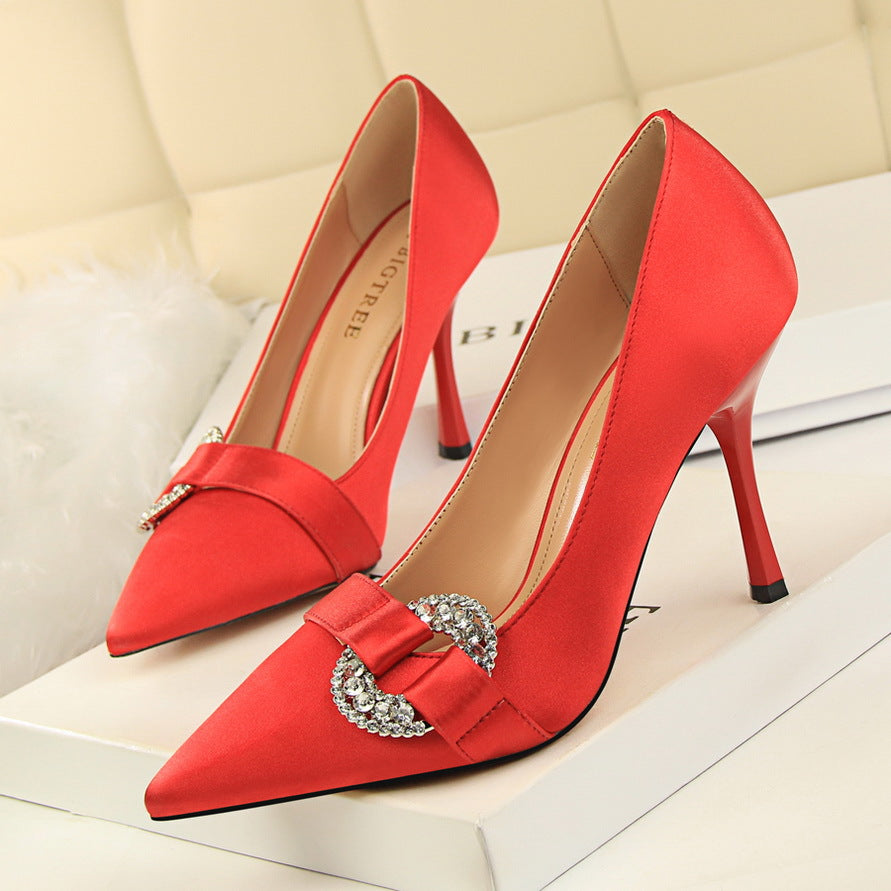 Satin Pointed Toe High Heel Shoes with Rhinestone Buckle