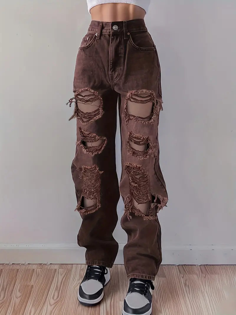 High Waist Ripped Straight Jeans with Slash Pockets
