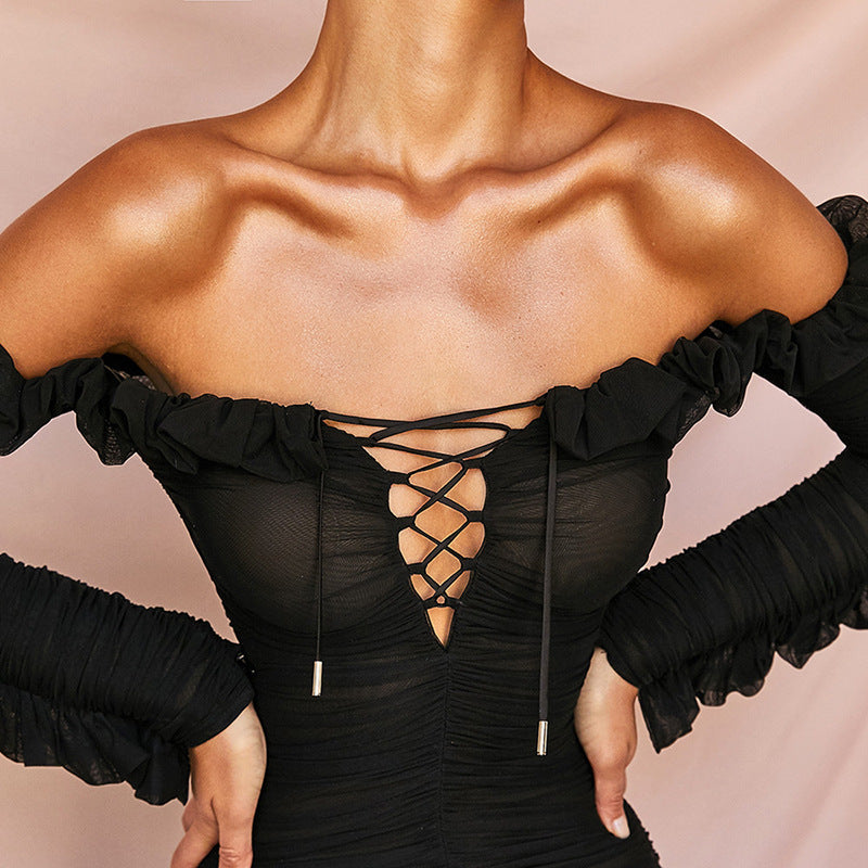 Fashionable Sheer Ruffle Long Sleeve Deep V Dress