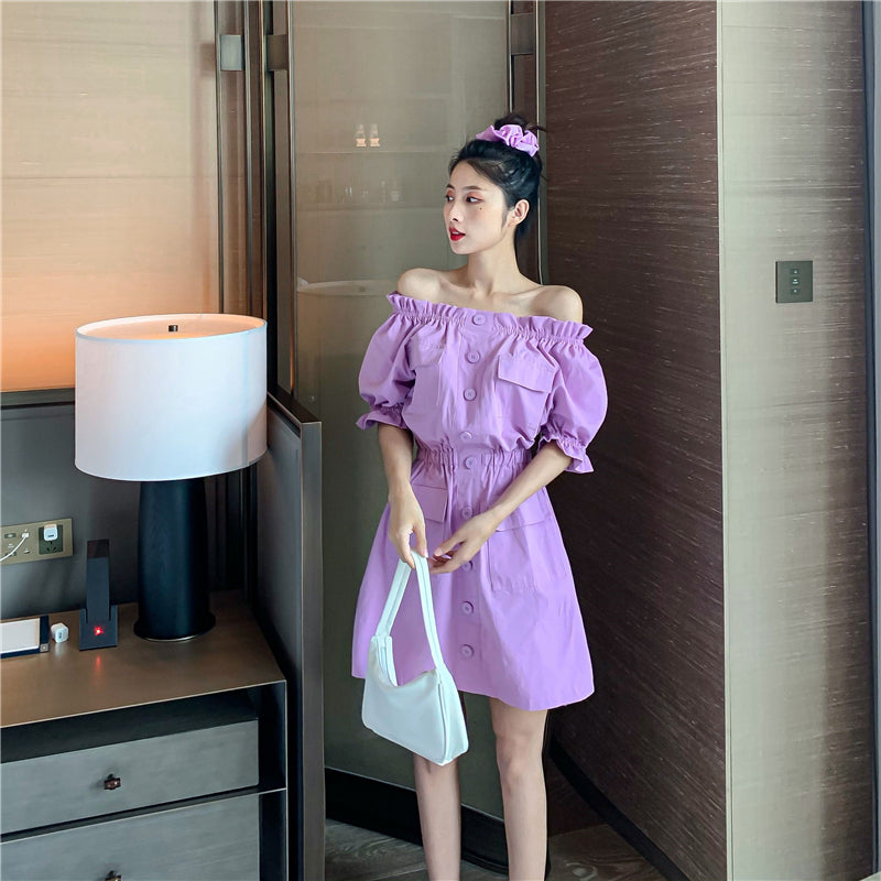 French Style Off-Shoulder Puff Sleeve Dress for Women