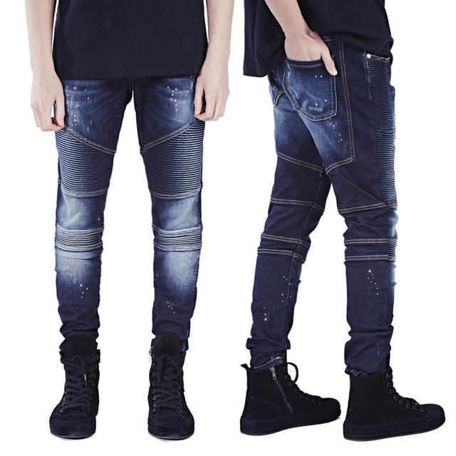 New Men's Slim Fit Ripped Denim Jeans (Motorcycle Style)