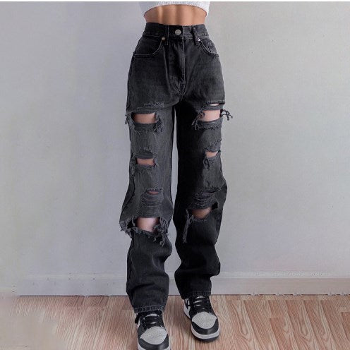 High Waist Ripped Straight Jeans with Slash Pockets