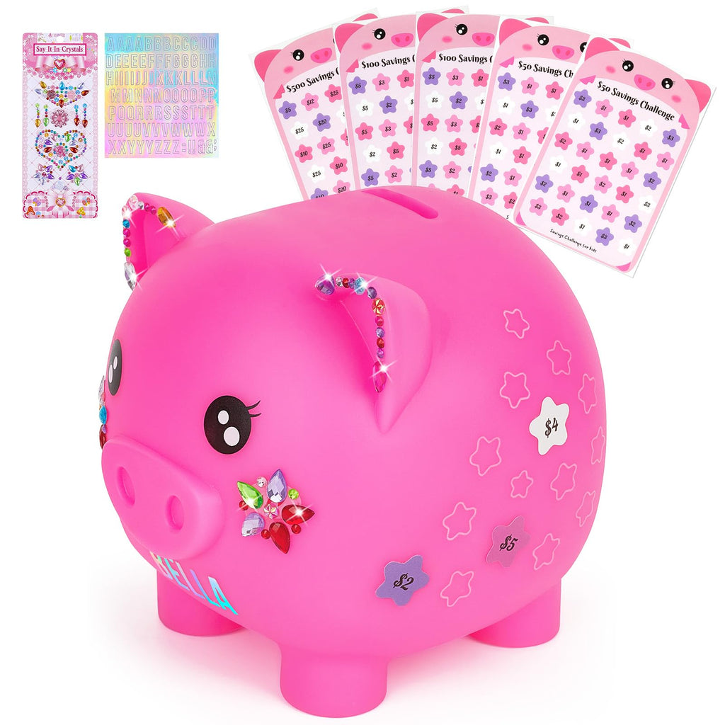 MHJY Piggy Bank for Kids Unbreakable Plastic Money Bank with DIY Saving Challenge Sticker to Track Savings Goal for Girls Boys