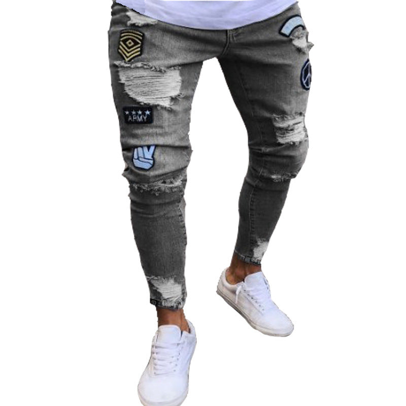 Men's Ripped Knee Zipper Slim Fit Jeans (Cross-Border)