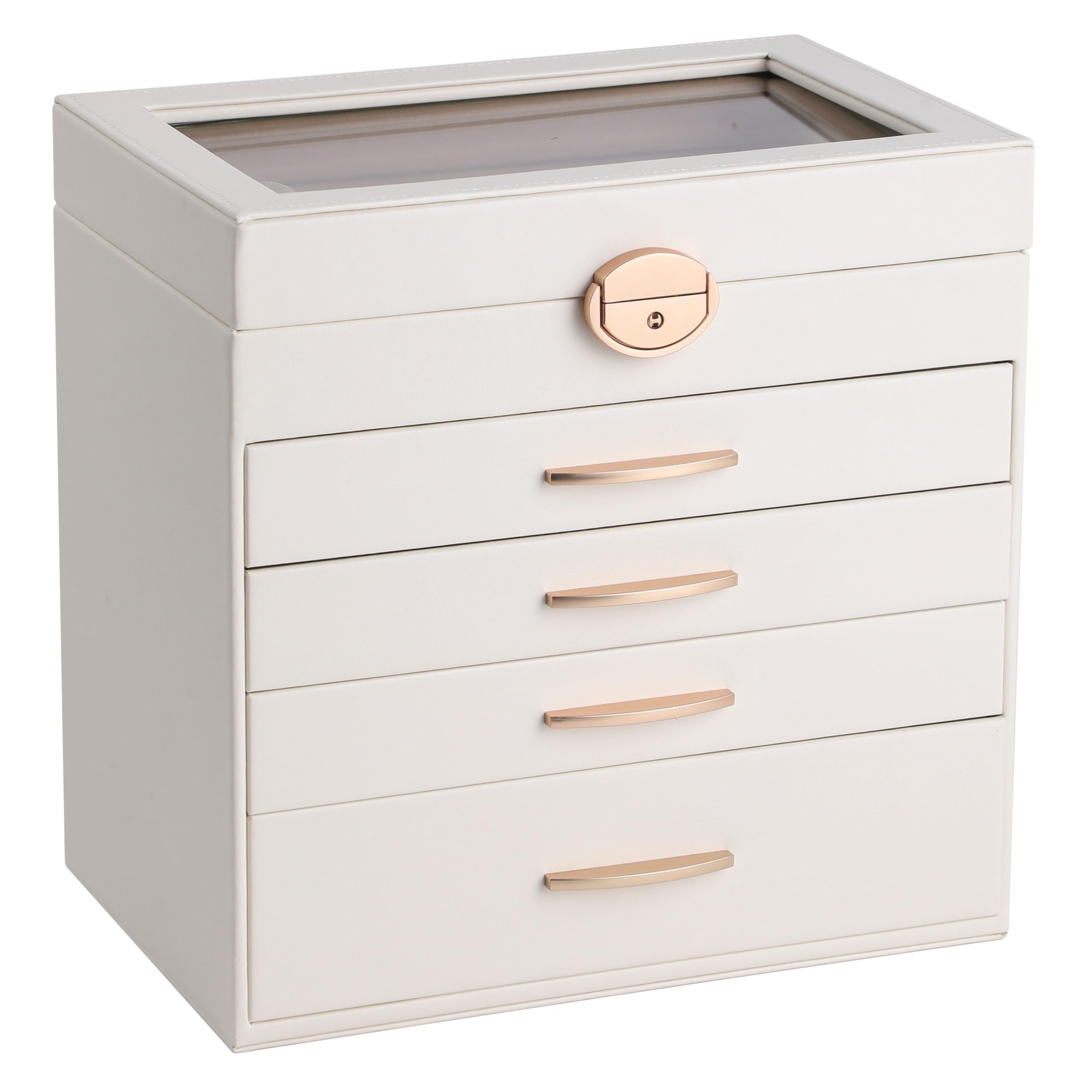 EURIELK Lockable Jewelry Box with Glass Lid 5-Layer Jewelry Organizer with Key 4 Drawers for Sunglasses Earrings Necklaces Big Storage Modern Style White and Gold Color ek12-5-white