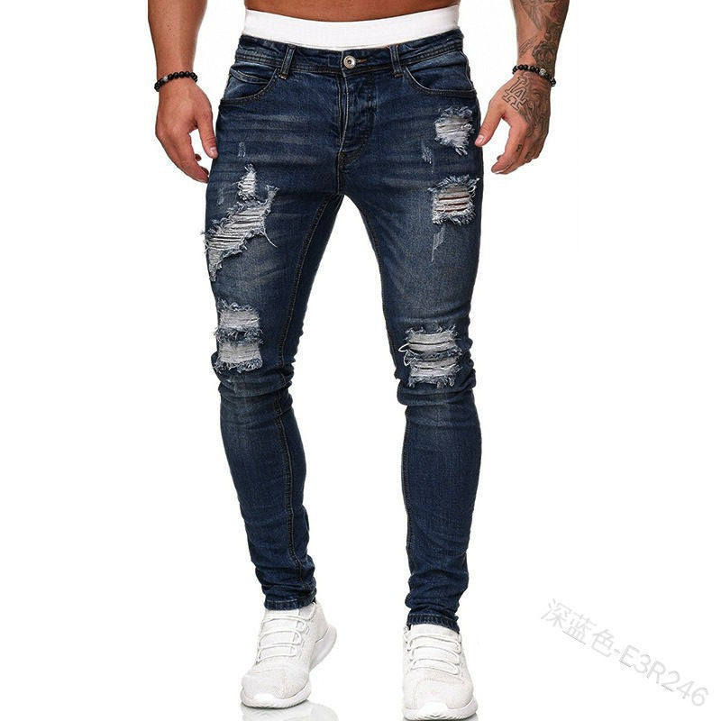 Men's Ripped Knee Zipper Slim Fit Jeans (Cross-Border)