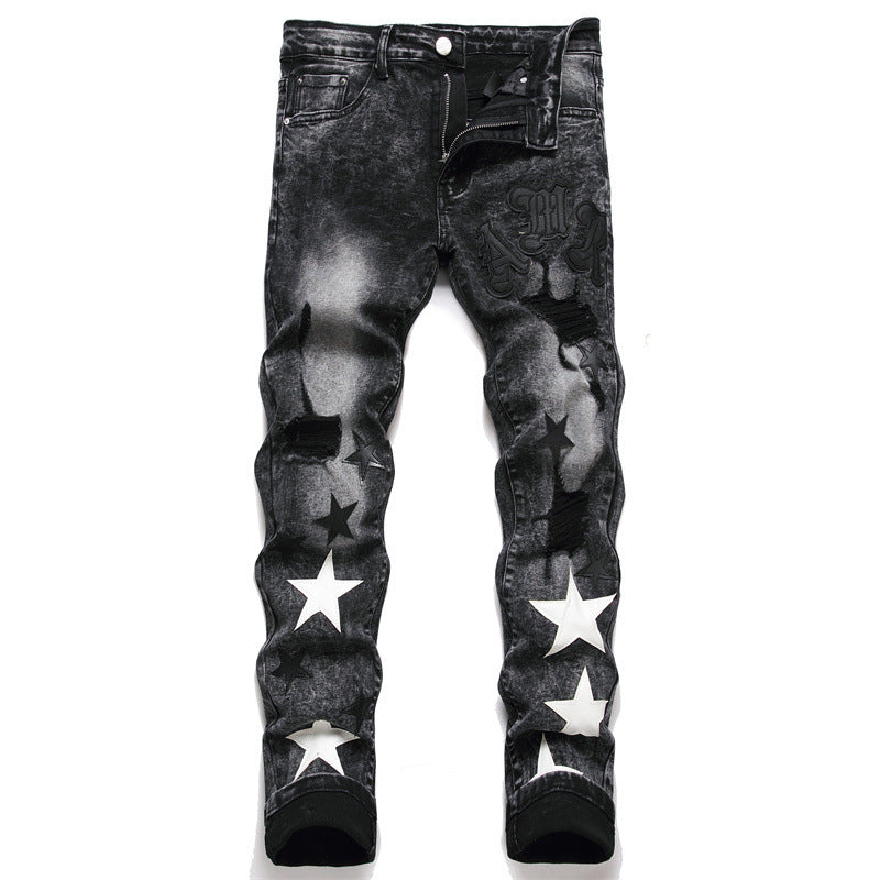 Embroidered Men's Jeans - Slim Fit Motorcycle Style