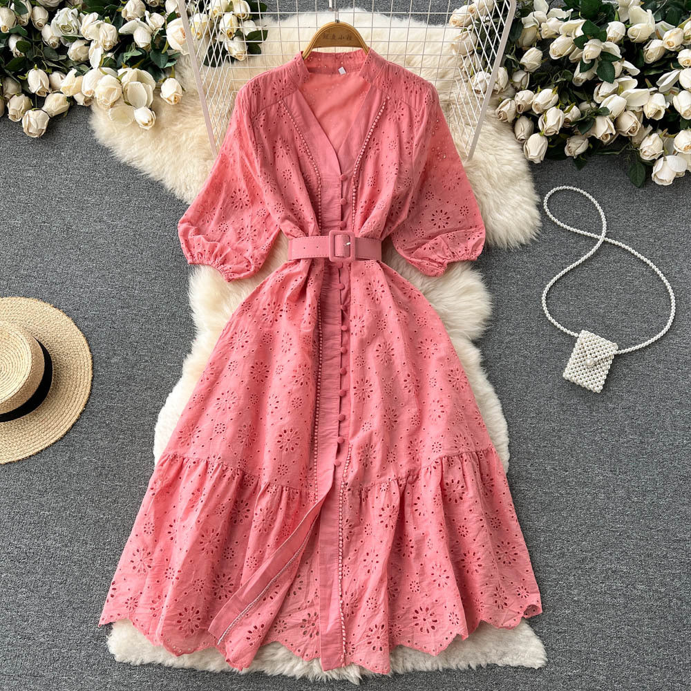 V-Neck Hollow Out Dress with Puff Sleeves and Embroidery