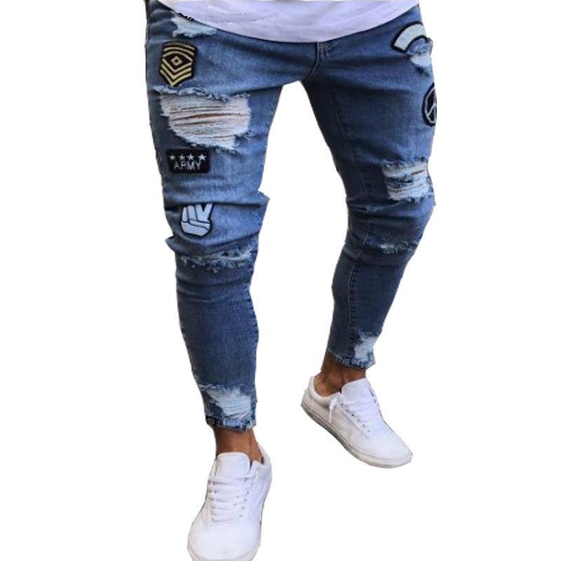 Men's Ripped Knee Zipper Slim Fit Jeans (Cross-Border)