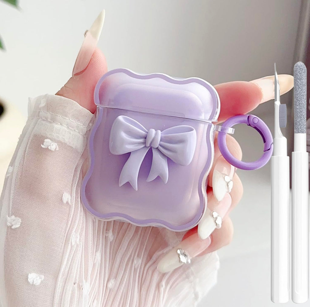 Cute AirPods 2/1 Generation Clear Case Girly 3D Bow Design Soft TPU Protective Shockproof Kawaii Apple iPod 2nd/1st Generation Cover with Cleaner Kit & Keychain Girls Women - Purple Bow