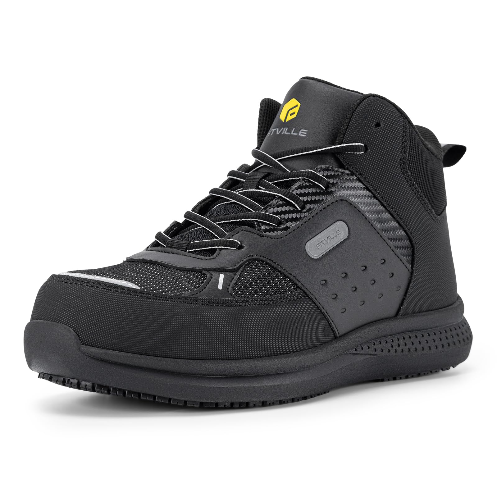 FitVille Wide Work Boots for Men Composite Toe Safety Work Shoes Slip-Resistant Work Boots Waterproof Lightweight - SteelCore (Night Black 10.5 Wide)