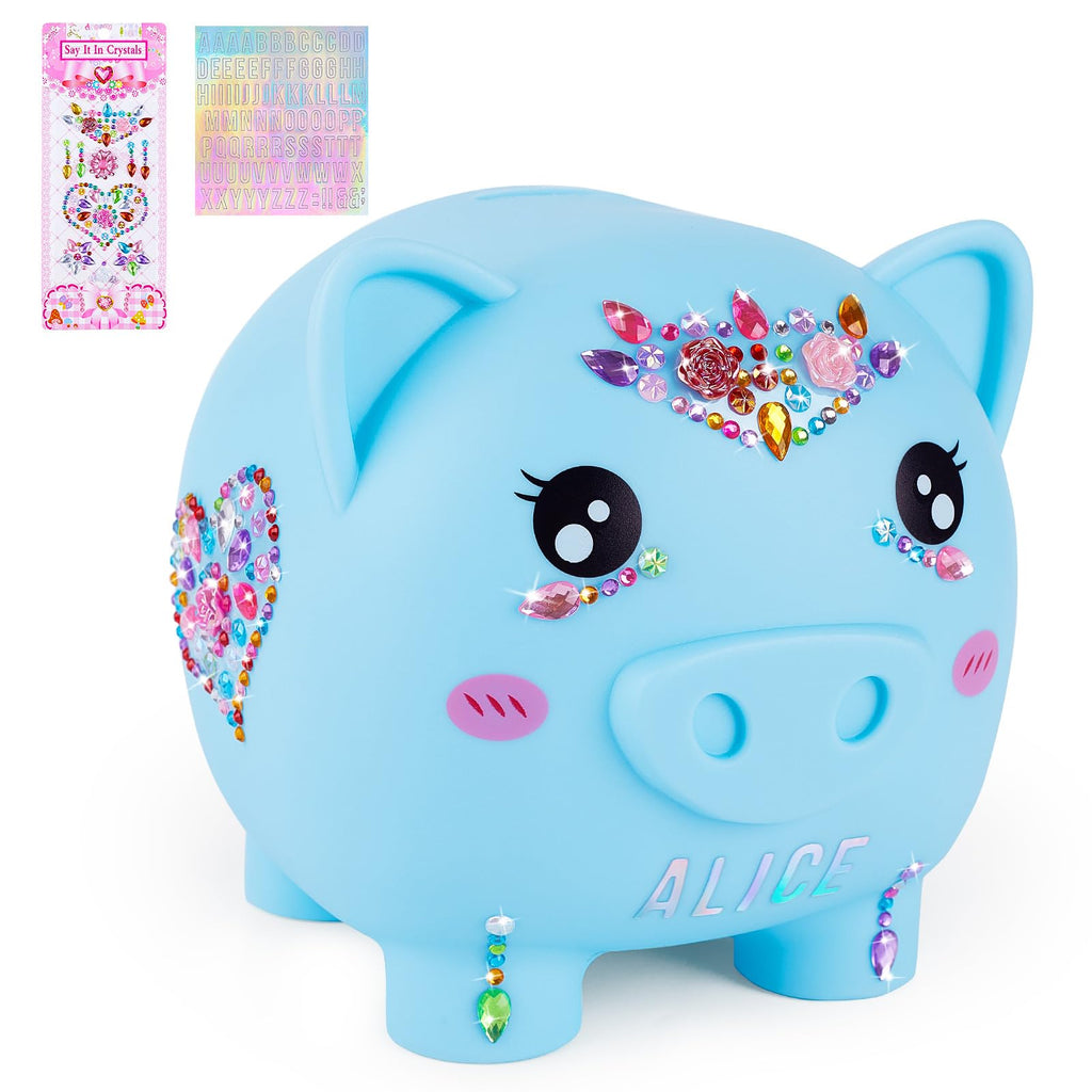 Piggy Bank Girls Unbreakable Piggy Banks Large Money Coin Bank for Kids with DIY Stickers for Birthday Easter Baby Shower Blue