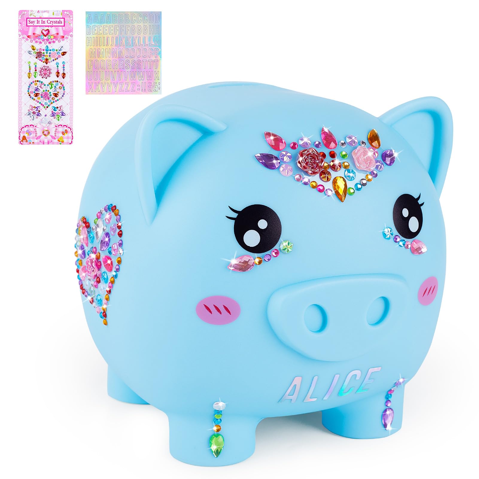 Piggy Bank Girls Unbreakable Piggy Banks Large Money Coin Bank for Kids with DIY Stickers for Birthday Easter Baby Shower Blue
