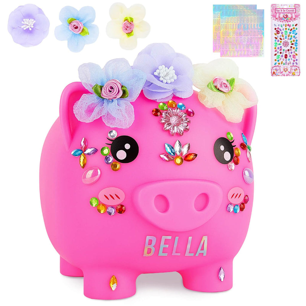 Piggy Bank for Kids Girls Unbreakable Money Saving Bank with Flower Alphbet Sticker to DIY Piggy Money Bank